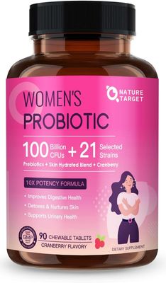 NATURE TARGET Probiotics for Women Digestive Health with 100 Billion CFUs, Womens Probiotic for Gut Health Immune Support, Skin Care, with Cranberry D-mannose, 90 Chewable Tablets (45 Day Supply)