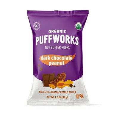 Puffworks Dark Chocolate Organic Peanut Butter Puffs, 1.2 oz bags (Pack of 12), Plant-based Protein Snack, Gluten-Free, Vegan, Kosher