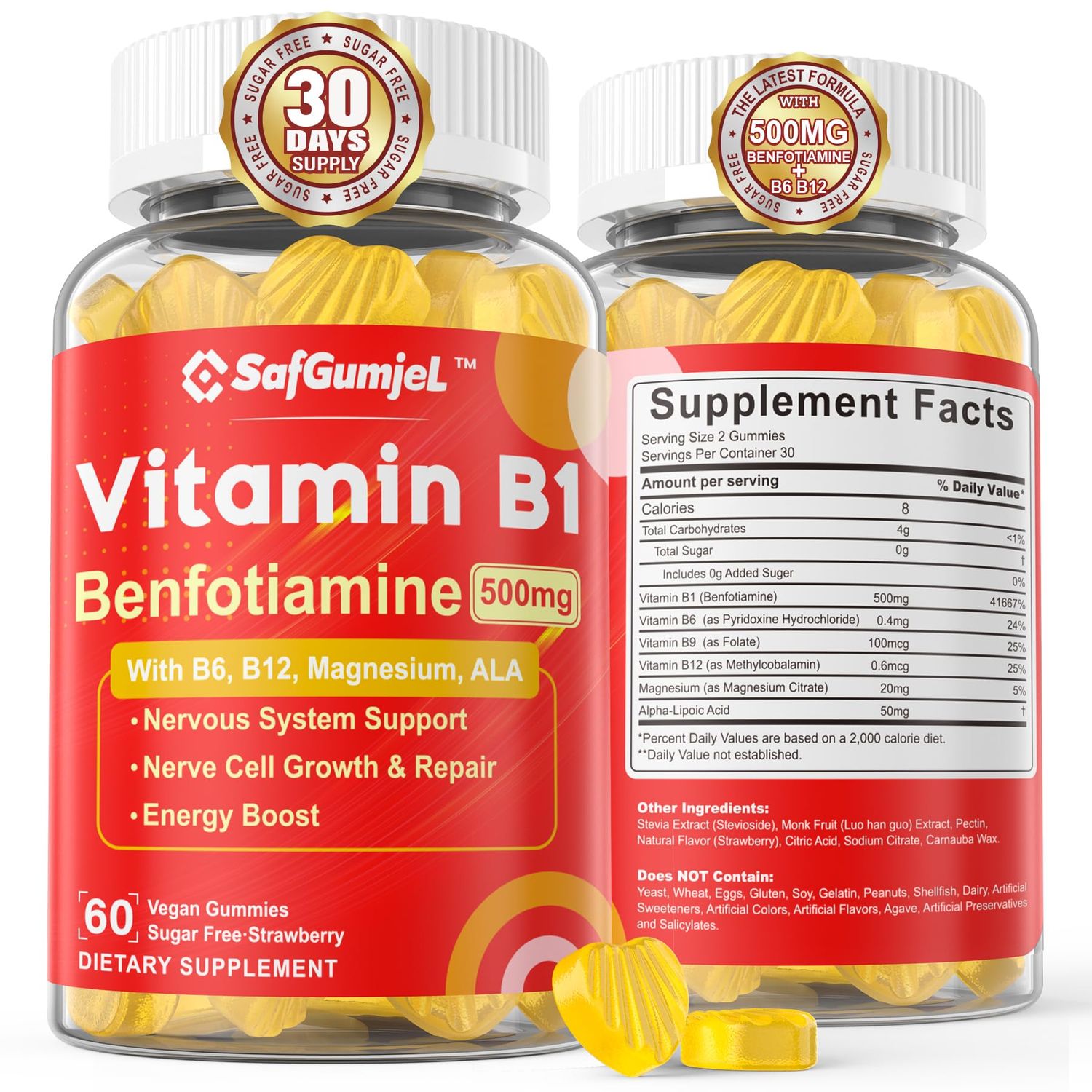 Safgumjel Vitamin B1 Gummies - Benfotiamine 500mg, Vitamin B1 B6 B12 Complex, 3.6X More Effective Than Thiamine, Carbohydrate Energy Plus Healthy Nervous System, 1 Pack