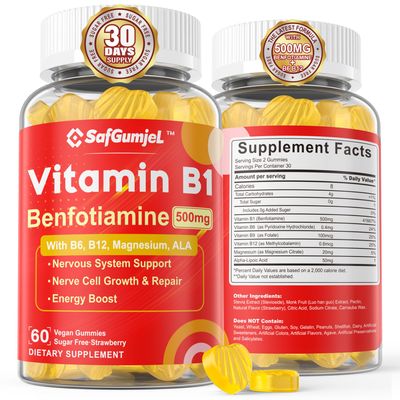 Safgumjel Vitamin B1 Gummies - Benfotiamine 500mg, Vitamin B1 B6 B12 Complex, 3.6X More Effective Than Thiamine, Carbohydrate Energy Plus Healthy Nervous System, 1 Pack