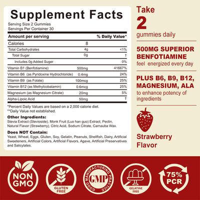 Safgumjel Vitamin B1 Gummies - Benfotiamine 500mg, Vitamin B1 B6 B12 Complex, 3.6X More Effective Than Thiamine, Carbohydrate Energy Plus Healthy Nervous System, 1 Pack