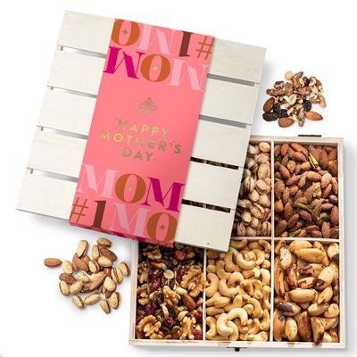 Mothers Day Gift Basket for Women Nut Gift Box for Women in Pink Reusable Wooden Crate Healthy Gift Set for Mom, Wife, Spouse, Bonnie and Pop