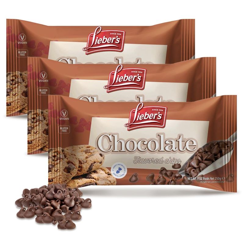 Lieber&#39;s Chocolate Flavored Chips - 9 oz Bag - Gluten-Free, Vegan, Dairy-Free Chocolate Chips - Perfect for Baking, Snacking, and Desserts - 3 Pack