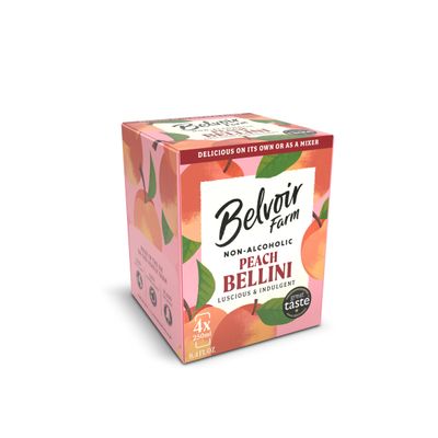 Belvoir Farm Non Alcoholic Peach Bellini 4-Pack of 8.4oz Cans - Refreshing Natural Beverage with a Hint of Fizz, Artisanal Craftsmanship, Zero Sugar, Organic Ingredients, Perfect and Ready to Enjoy.