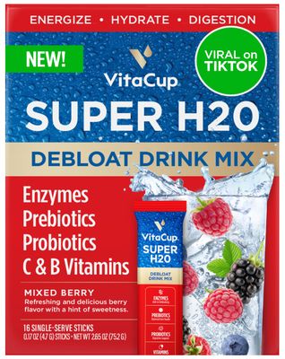 VitaCup Super H2O Bloating Relief and Digestive Health Drink Mix Packets, Probiotics, Prebiotics, C B Vitamins, Mixed Berry Flavor Water Enhancer Packets, 16Ct