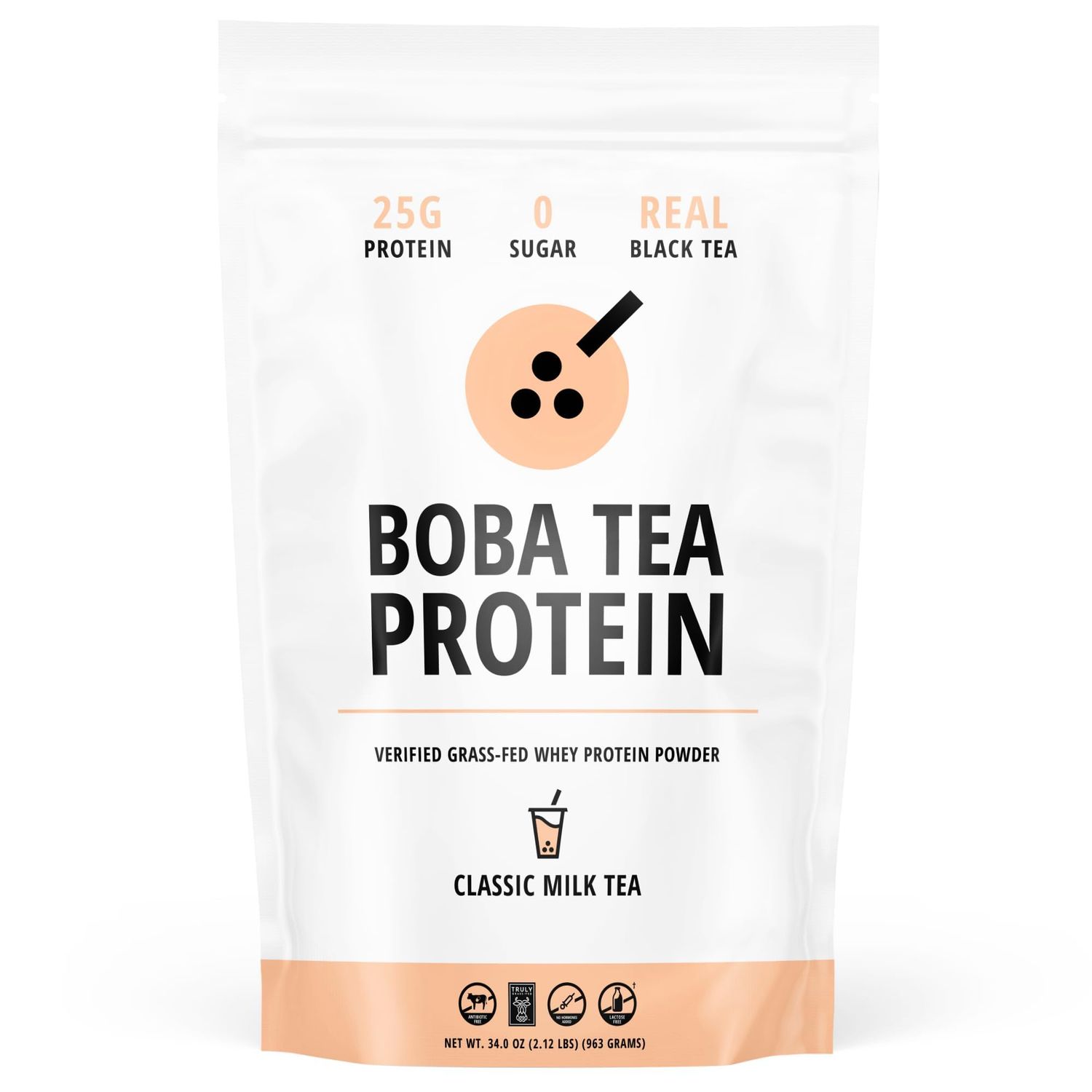 Boba Tea Protein Classic Milk Tea 25g Grass-Fed Whey Protein Isolate Powder Gluten-Free Soy-Free Bubble Tea Protein Drink Real Ingredients Lactose-Free Protein Drink 25 Servings