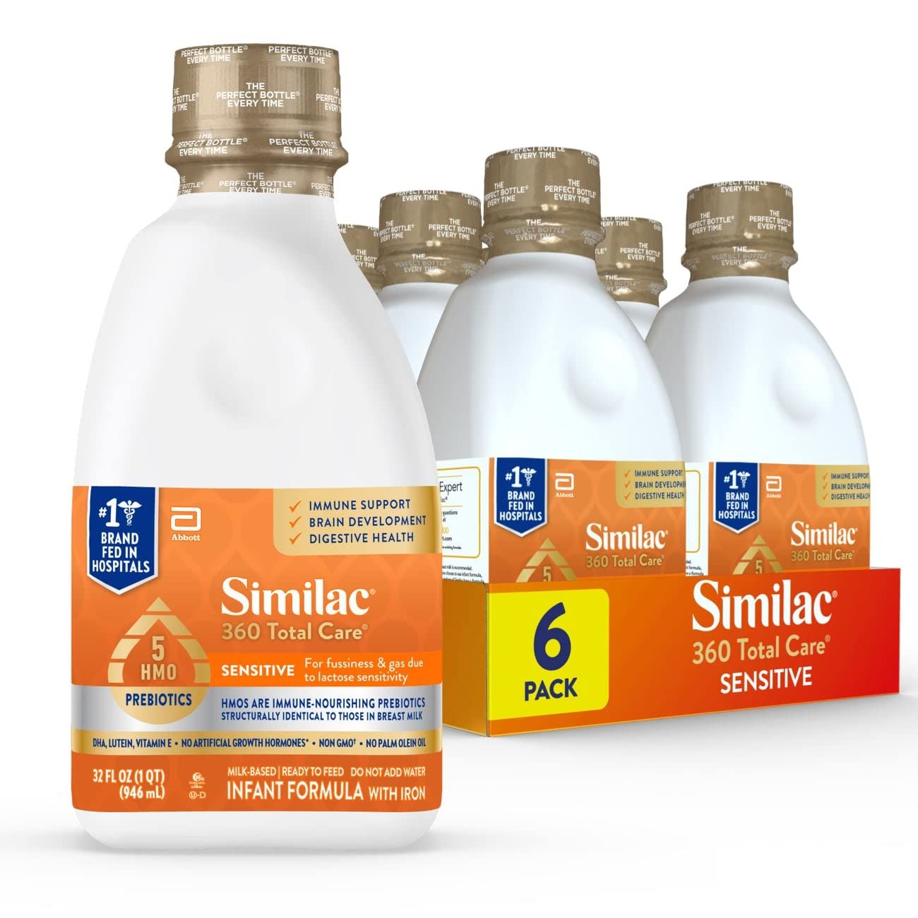 Similac 360 Total Care Sensitive Infant Formula for Fussiness Gas Due to Lactose Sensitivity, Has 5 HMO Prebiotics, Non-GMO, Baby Formula, Ready to Feed, 32-fl-oz Bottle, Pack of 6