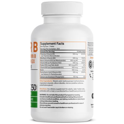 Bronson Super B 100 Vitamin B Complex Sustained Release Contains All B Vitamins (Vitamin B1, B2, B3, B6, B9 - Folic Acid, B12) Supports Energy Metabolism Nervous System Health, Non-GMO, 250 Tablets
