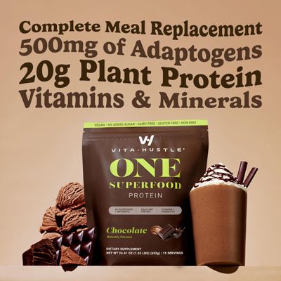 VitaHustle ONE Meal Replacement Shake - Plant Based Protein Powder by Kevin Hart - Vegan, Meal Replacement Powder with Superfoods, Vitamins, Adaptogens Probiotics - Chocolate Flavor, 30 Servings