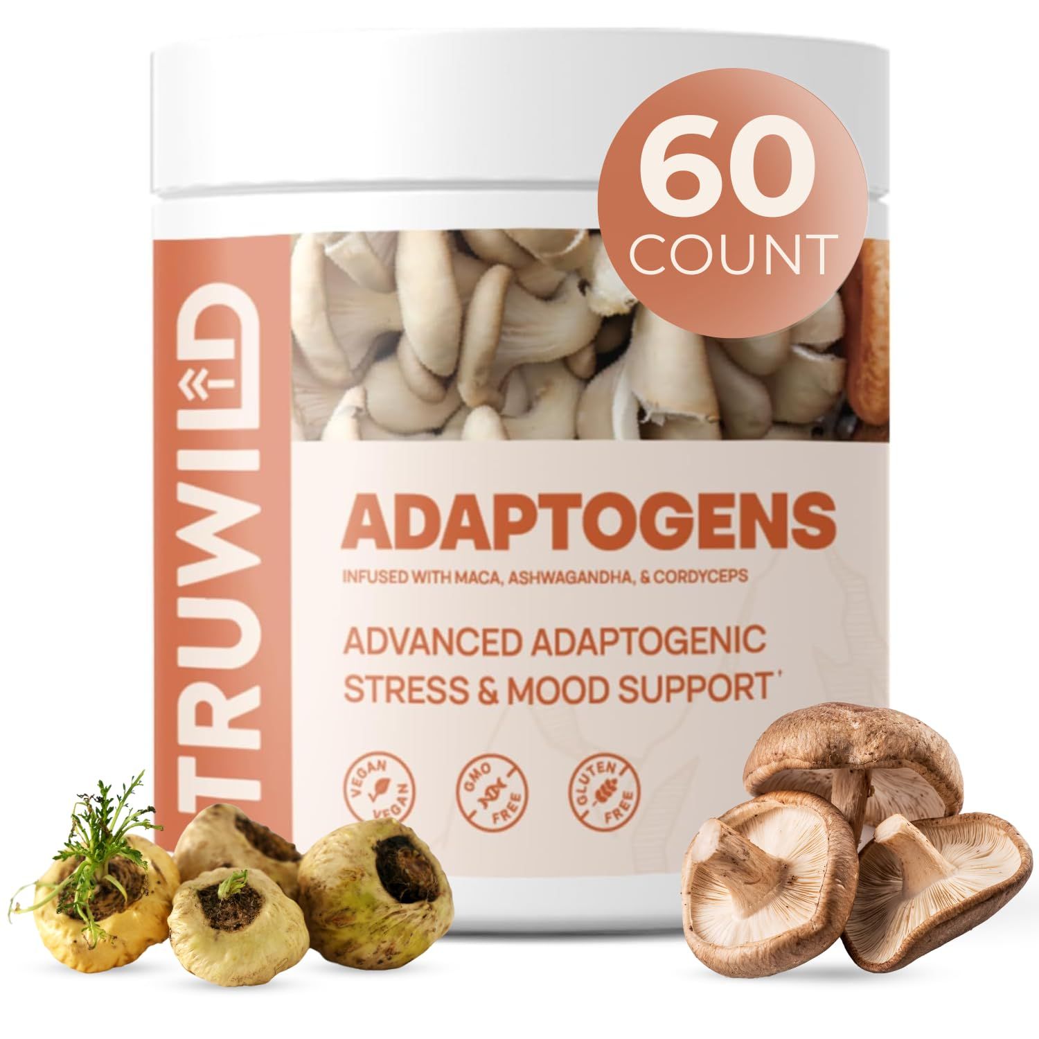 TruWild Adaptogen Blend with Cordyceps Maca Ashwagandha - Full Spectrum Mushroom Blend for Daily Support and Function, All Natural Formula with 7 Key Ingredients, 60 Capsules