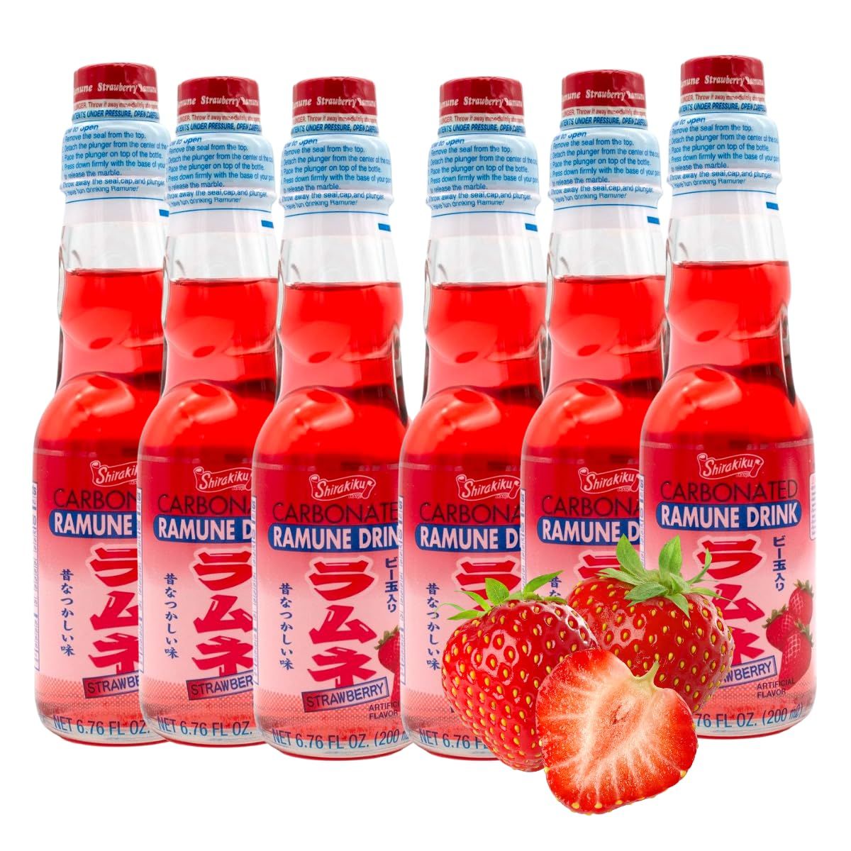 Ramune Japanese carbonated soft drink &quot;MARBLE SODA&quot; Fun and Nostalgia, Strawberry Flavor Pack of 6