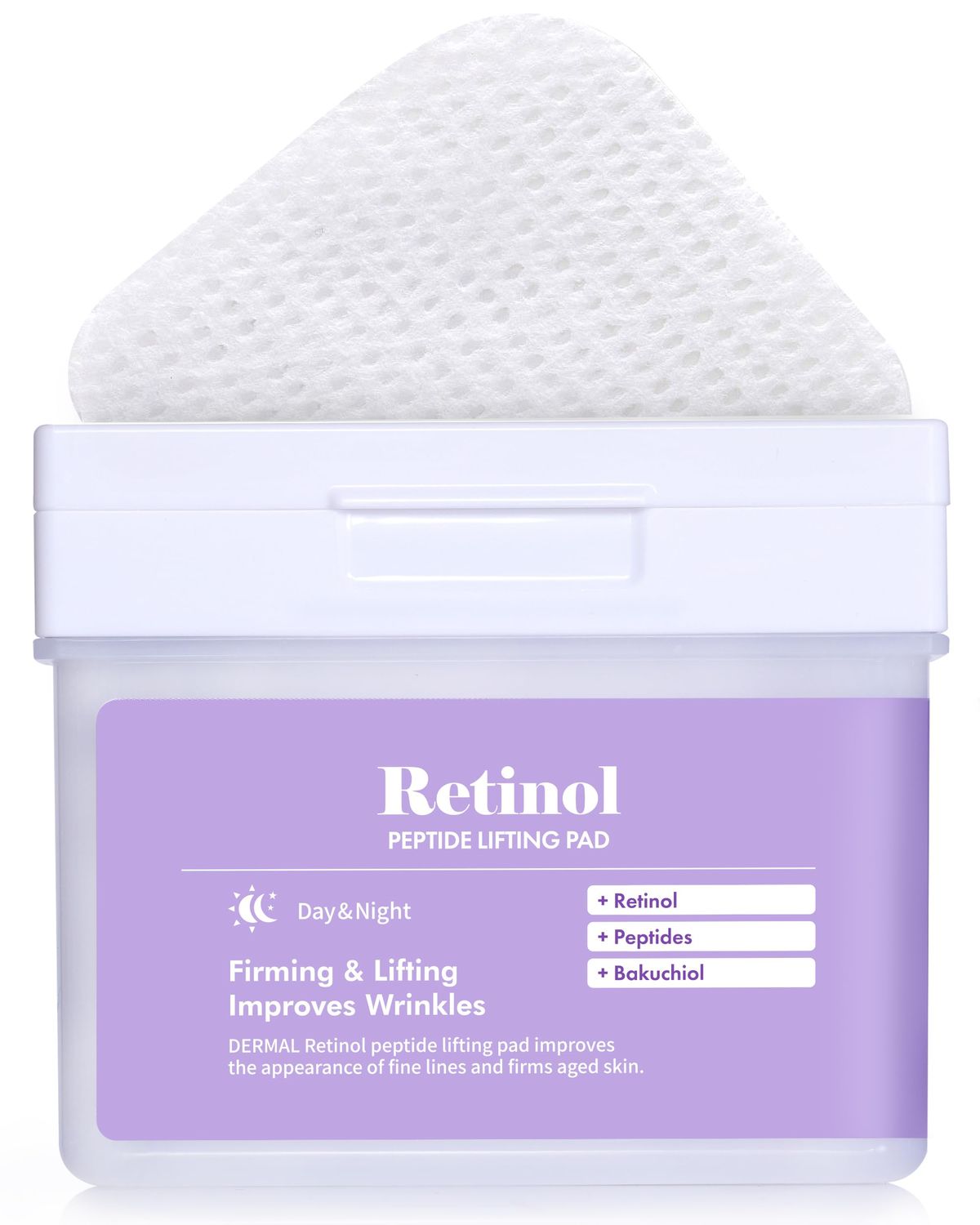 DERMAL Retinol Peptide Lifting Pad - Korean Toner Pad for Anti-Aging Wrinkles with Bakuchiol - Vegan Pure Cotton Square Pads - High Capacity, 120 Sheets