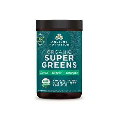 Ancient Nutrition Super Greens Powder, Organic Superfood Powder with Probiotics Made with Spirulina, Chlorella, Matcha, and Digestive Enzymes, 25 Servings, 7.5oz