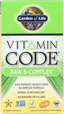 Garden of Life Raw B Complex - Vitamin Code - 60 Vegan Capsules, High Potency Vitamins for Energy Metabolism with B2 Riboflavin, B1, B3, B6, Folate, B12 as Methylcobalamin Biotin Plus Probiotics