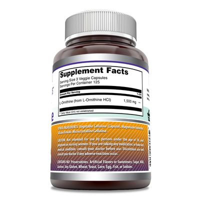 Amazing Formulas L-Ornithine Supplement 1500 Mg Per Serving 250 Veggie Capsules Non-GMO Gluten Free Made in USA