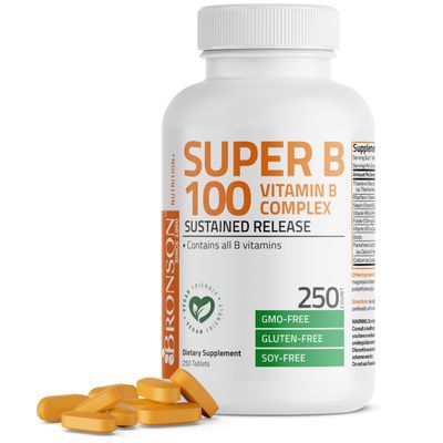 Bronson Super B 100 Vitamin B Complex Sustained Release Contains All B Vitamins (Vitamin B1, B2, B3, B6, B9 - Folic Acid, B12) Supports Energy Metabolism Nervous System Health, Non-GMO, 250 Tablets