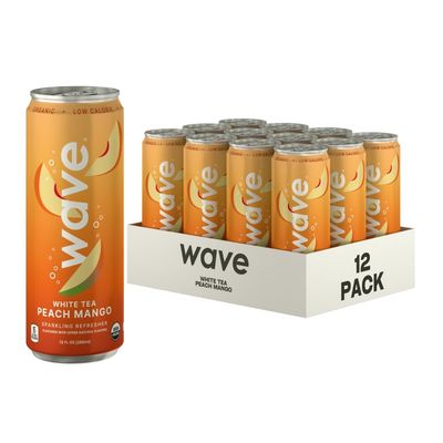 WAVE White Tea Peach Mango Sparkling Beverage Refresher - Organic, Low Calorie, No Added Sugar, Low Sugar Soda Alternative, Sparkling Juice, No Preservatives or Artificial Ingredients - 12-Pack