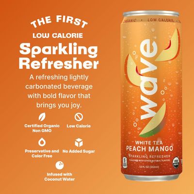 WAVE White Tea Peach Mango Sparkling Beverage Refresher - Organic, Low Calorie, No Added Sugar, Low Sugar Soda Alternative, Sparkling Juice, No Preservatives or Artificial Ingredients - 12-Pack