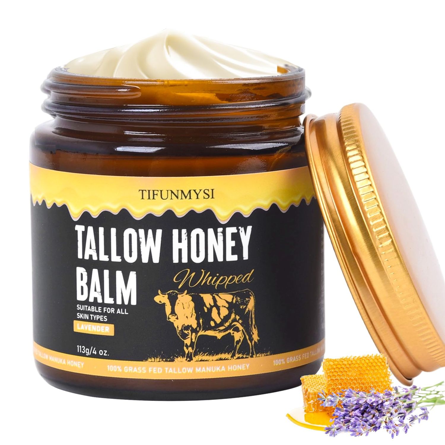 TIFUNMYSI Tallow Honey Balm - 100 Grass Fed Whipped Beef Tallow with Manuka Honey For Skin, All-Natural Skin Care Face Moisturizer Hydration Cream (113g4 oz.)