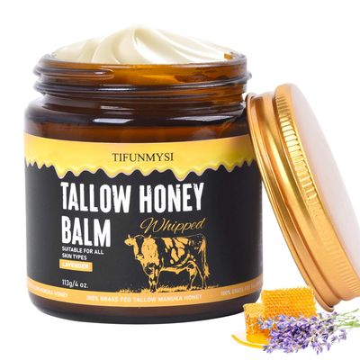 TIFUNMYSI Tallow Honey Balm - 100 Grass Fed Whipped Beef Tallow with Manuka Honey For Skin, All-Natural Skin Care Face Moisturizer Hydration Cream (113g4 oz.)