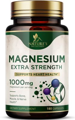 Magnesium Supplement (Citrate Oxide) 1000mg for Best Absorption, Supports Bone, Heart Health, Nerves, Muscles Metabolism, Nature&#39;s Pure Magnesio Vitamin Pills, Bottled in USA, 180 Capsules