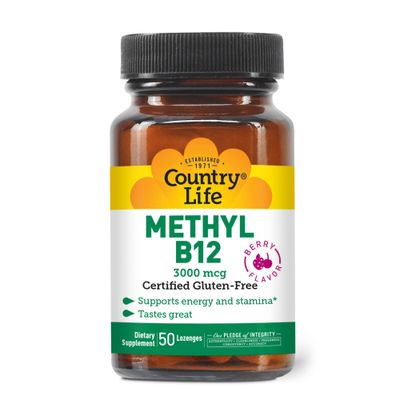 Country Life Methyl B-12 3000 mcg Lozenges, Vegan, Methylcobalamin for Energy and, Easily Absorbed, B12 Vitamin, Supports Energy Levels, Stamina Metabolism, 50 Count