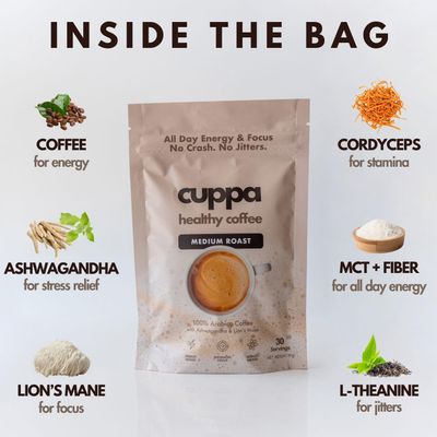 Cuppa Healthy Mushroom Insant Coffee with Lion's Mane Ashwagandha for All Day Energy Focus - No Crash or Jitters - Nootropics for Brain Health, Gut Health, Immunity, Stress, Memory Mood - 60 Servings