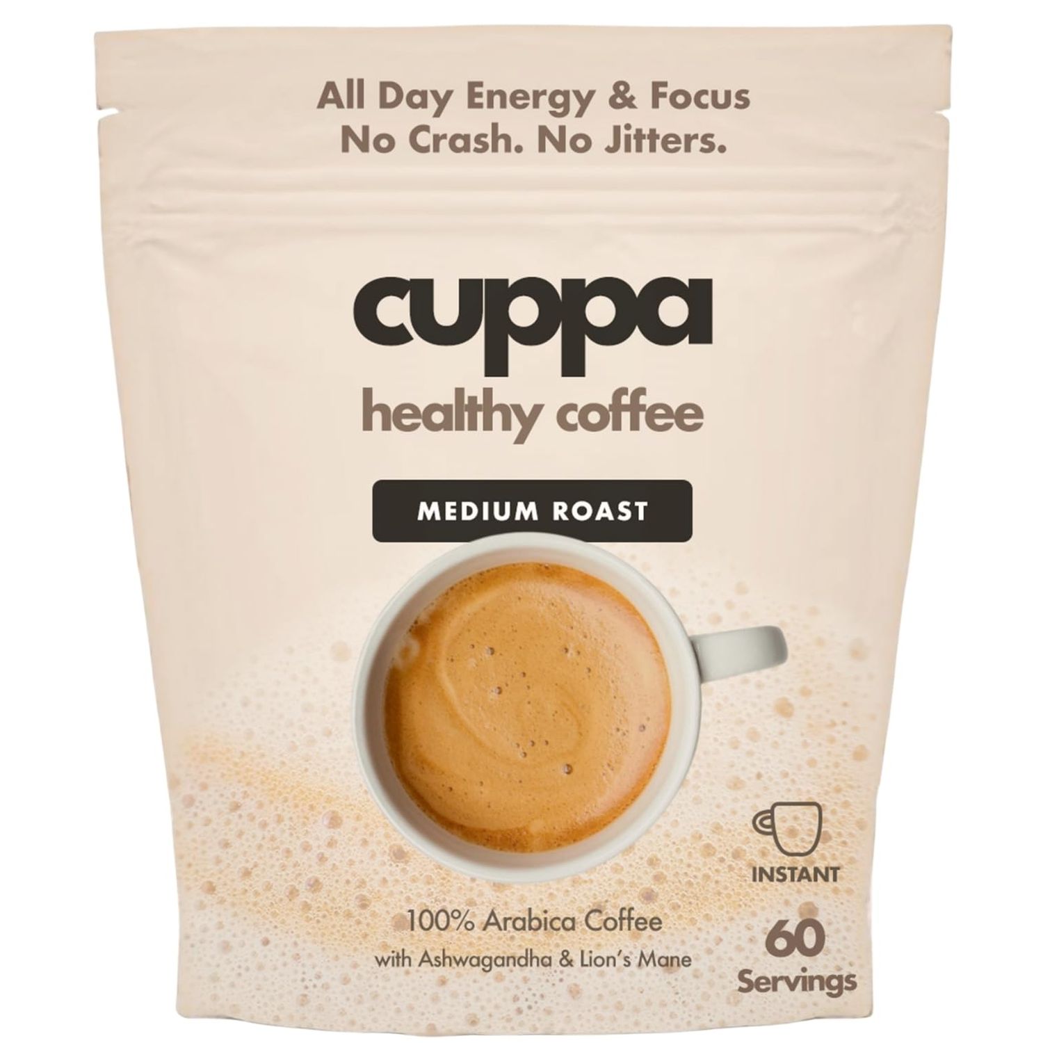 Cuppa Healthy Mushroom Insant Coffee with Lion&#39;s Mane Ashwagandha for All Day Energy Focus - No Crash or Jitters - Nootropics for Brain Health, Gut Health, Immunity, Stress, Memory Mood - 60 Servings