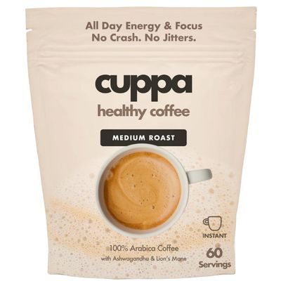 Cuppa Healthy Mushroom Insant Coffee with Lion&#39;s Mane Ashwagandha for All Day Energy Focus - No Crash or Jitters - Nootropics for Brain Health, Gut Health, Immunity, Stress, Memory Mood - 60 Servings