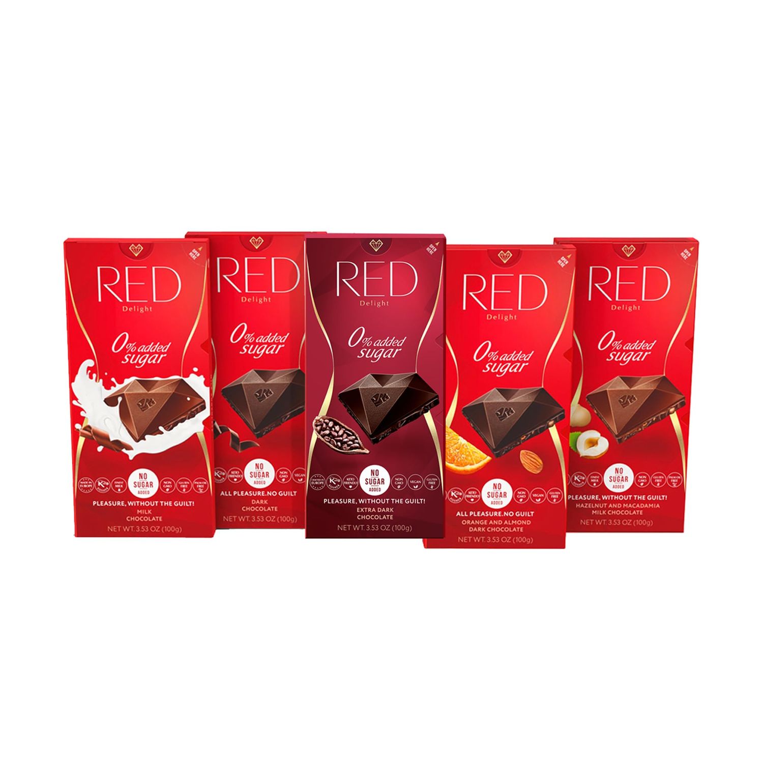 Red Delight Full Size Variety Chocolate Bars - Milk, Dark, Extra Dark,Orange Almond, and Hazelnut Macadamia Milk Chocolate - Kosher Certified Choco Bars