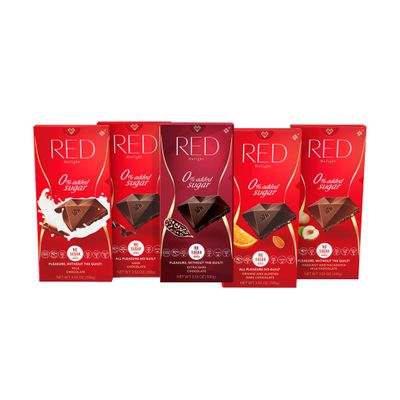 Red Delight Full Size Variety Chocolate Bars - Milk, Dark, Extra Dark,Orange Almond, and Hazelnut Macadamia Milk Chocolate - Kosher Certified Choco Bars