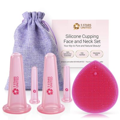 Silicone Facial Cupping Therapy Set - Eye and Face Vacuum Massage Cup Kit - 4 Cups Free Exfoliating Brush - Anti-Wrinkle and Anti-Aging Effect - 100 Hygienic