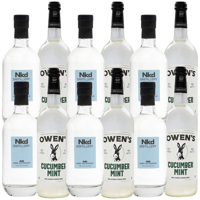 Nkd Distillery Gin Alternative Premium Non-Alcoholic Spirit 750 ML Bottles w Owen s Mixers Cucumber Mint 750 ML Bottles - Perfect for Mocktails - Made in USA