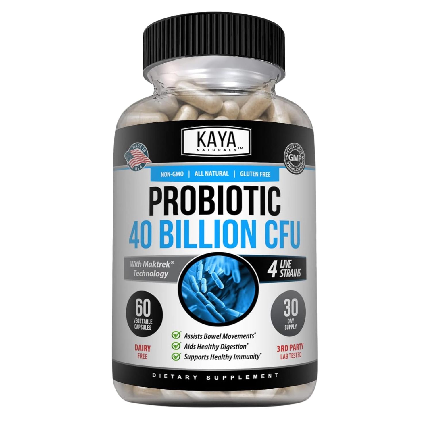 Kaya Naturals Probiotic 40 Billion CFU - Probiotics for Women, Probiotics for Men and Adults, Natural - Gut Health Immune Support Supplement - Provides Digestive Support - 60 Vegetable Capsules