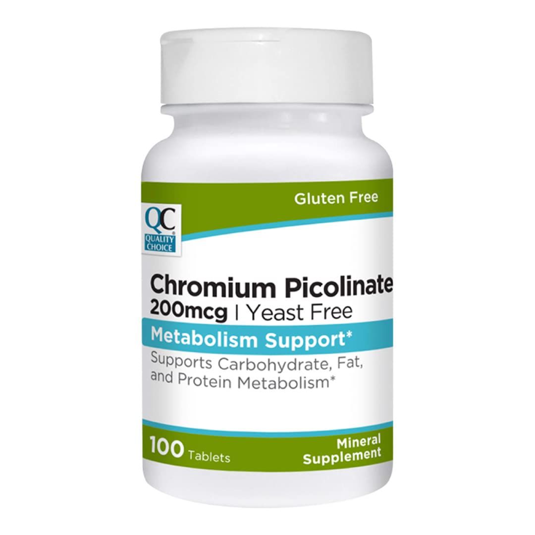 Quality Choice Chromium Picolinate 200 mcg for Support of Carbohydrates, Protein, and Fat Processing. 100 Tablets. Free of Preservatives, Artificial Flavors Gluten.
