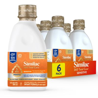 Similac 360 Total Care Sensitive Infant Formula for Fussiness Gas Due to Lactose Sensitivity, Has 5 HMO Prebiotics, Non-GMO, Baby Formula, Ready to Feed, 32-fl-oz Bottle, Pack of 6