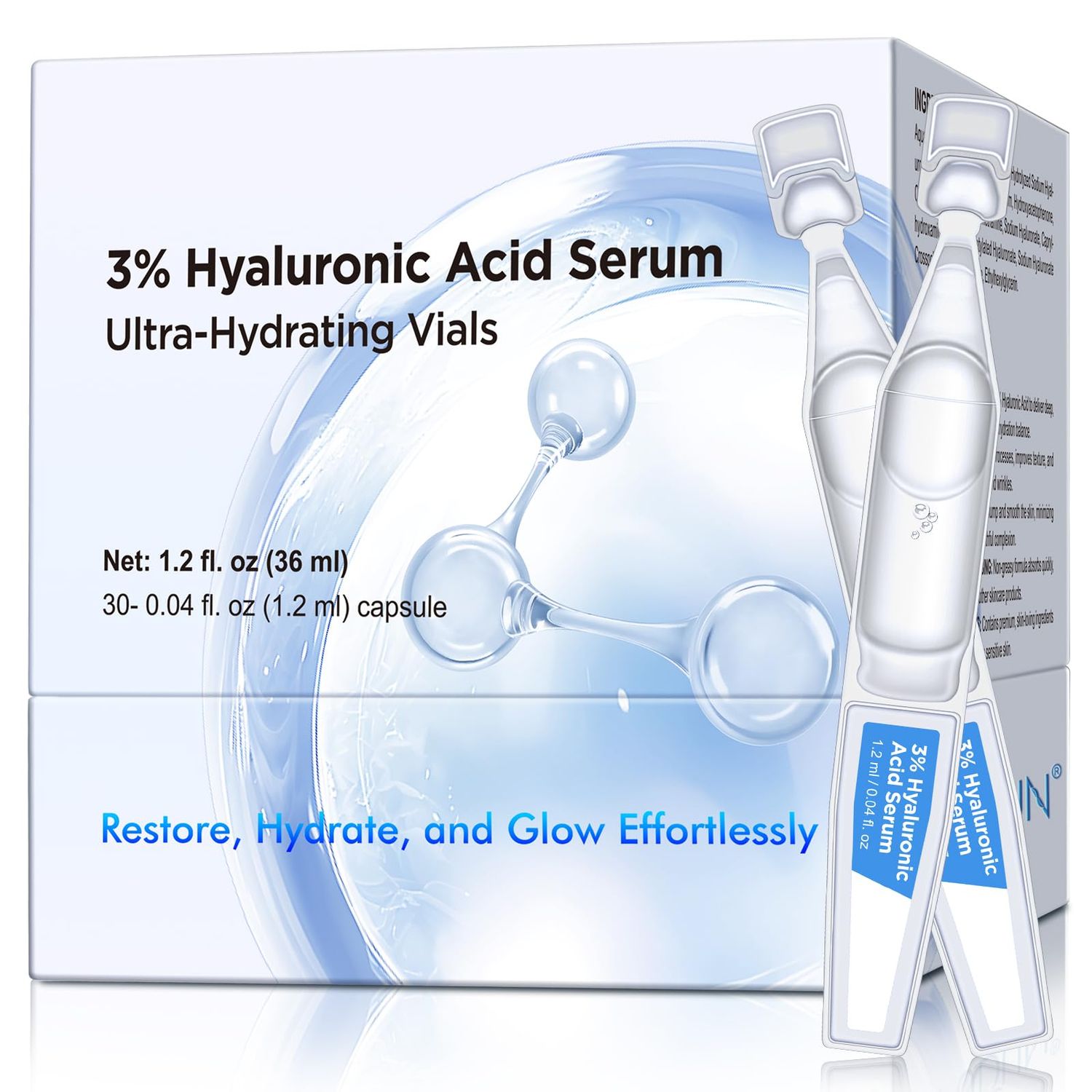30pcs 3 Hyaluronic Acid Serum Ultra-Hydrating Vials, 3 Hyaluronic Acid Tubes for Face, Anti-Aging Pre-Makeup Skincare, Single-Use Ultra Hydrating Serum for Sensitive Skin