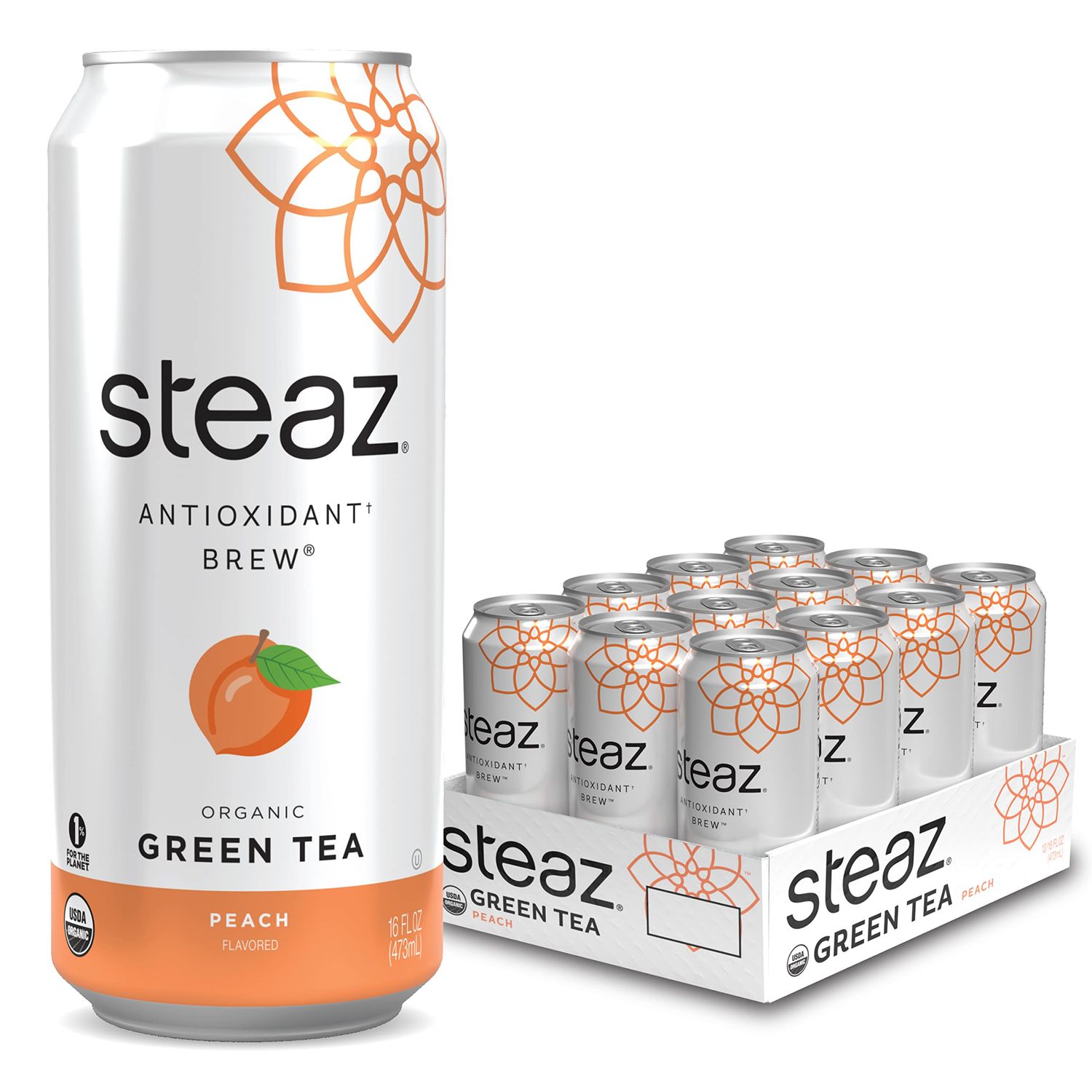 Steaz - Organic Green Tea - Peach Flavored (12 Pack) - Antioxidant Brew - 65mg Natural Caffeine, 90 Calories, Vitamin C - Cane Sugar Sweetened Iced Tea - Vegan, Fair Trade - 12 Cans, 16 fl oz (473mL)