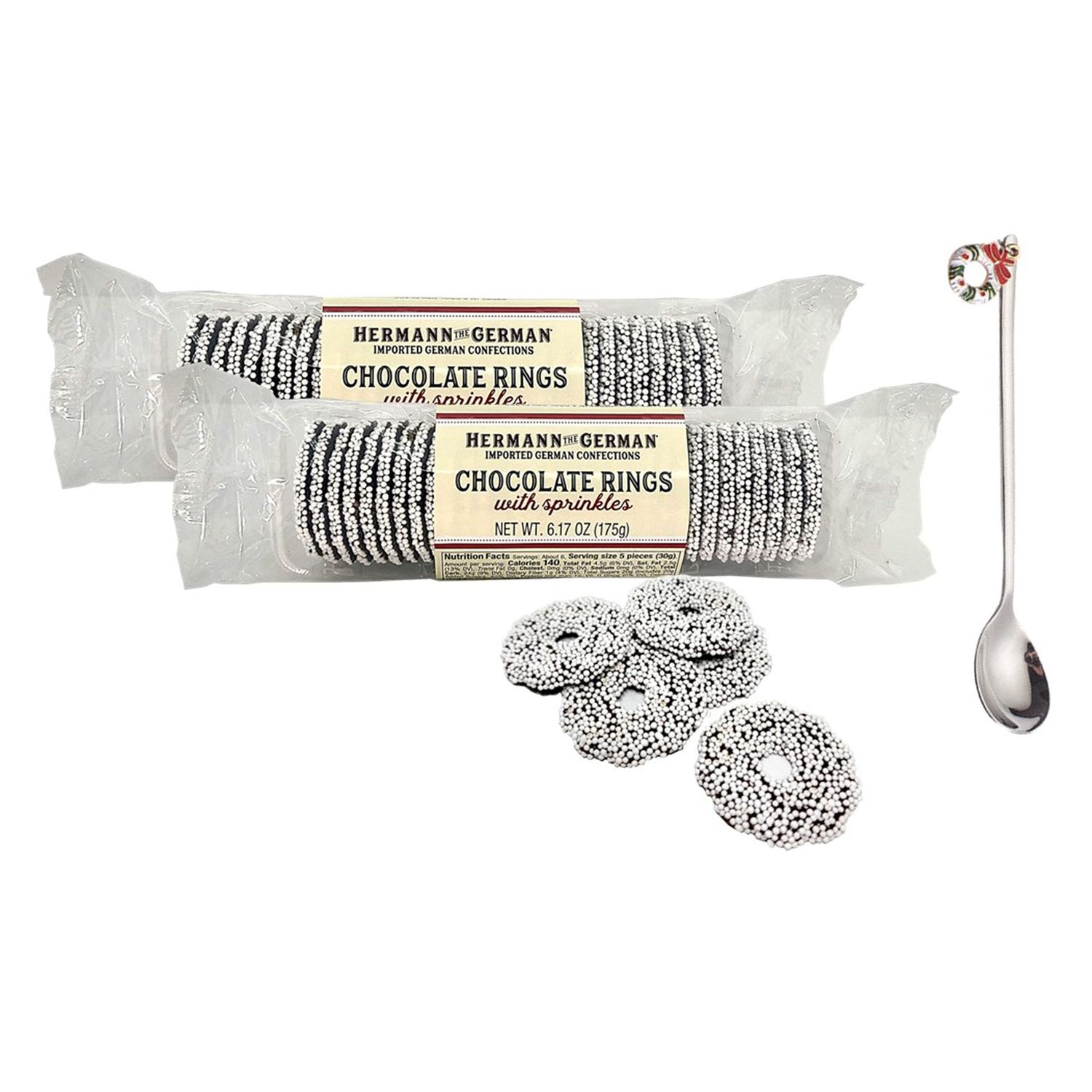 Hermann The German Chocolate Rings with Nonpareils Sprinkles 6.17 oz. (175 g.) X 2 with Holiday Stainless Steel CoffeeTea Spoon (3-Pc Set)