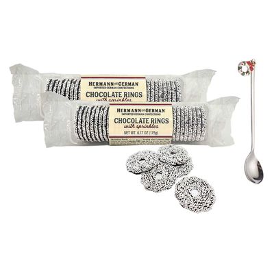 Hermann The German Chocolate Rings with Nonpareils Sprinkles 6.17 oz. (175 g.) X 2 with Holiday Stainless Steel CoffeeTea Spoon (3-Pc Set)