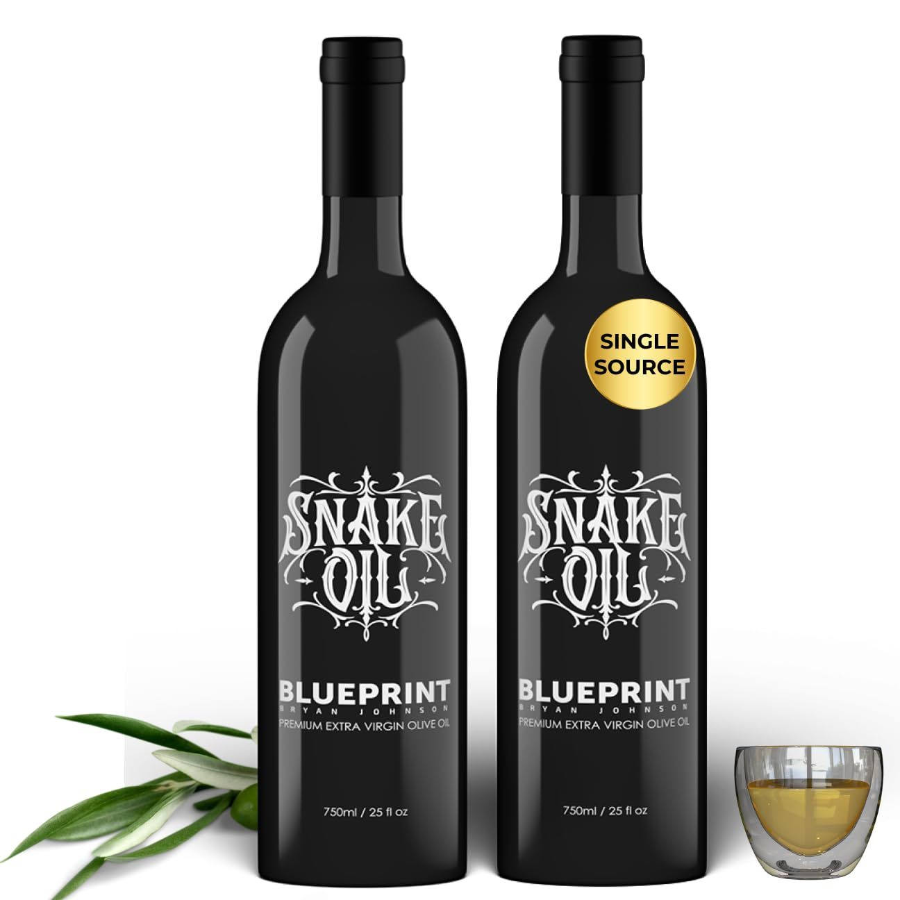 2x Blueprint Bryan Johnson Extra Virgin Olive Oil - Cold Pressed Polyphenol Rich EVOO (over 400 mgkg), Smooth Peppery Flavor, Keto Paleo Friendly, 3rd Party Verified, Single Source, 750ml Glass Bottle