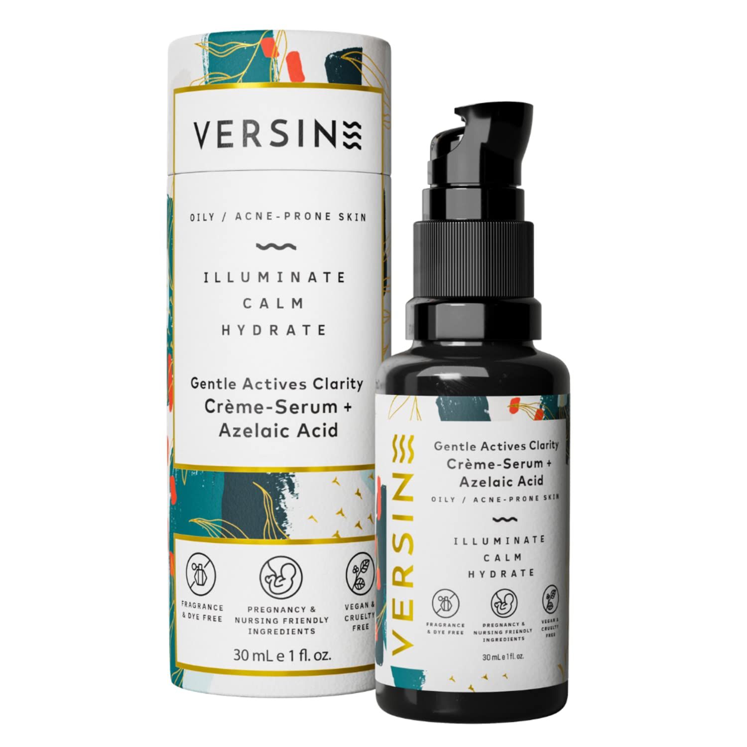 Versine Gentle Actives Serum for Face Acne Prone Skin Pregnancy Safe with Azelaic Acid, Vitamin C, Squalane, Niacinamide, Hyaluronic Acid Moisturizer, Anti Aging and Brightening 1Fl Oz