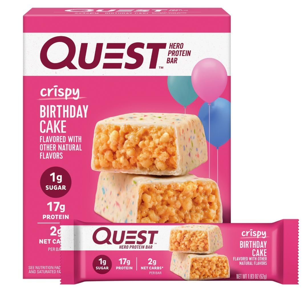 Quest Nutrition Crispy Birthday Cake Hero Protein Bar, 17g Protein, 1g Sugar, 2g Net Carbs, Gluten Free Protein Snack, Keto Friendly, 4 Count