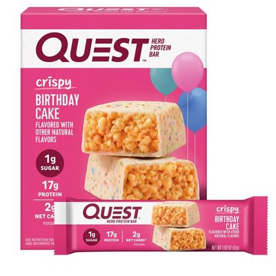 Quest Nutrition Crispy Birthday Cake Hero Protein Bar, 17g Protein, 1g Sugar, 2g Net Carbs, Gluten Free Protein Snack, Keto Friendly, 4 Count