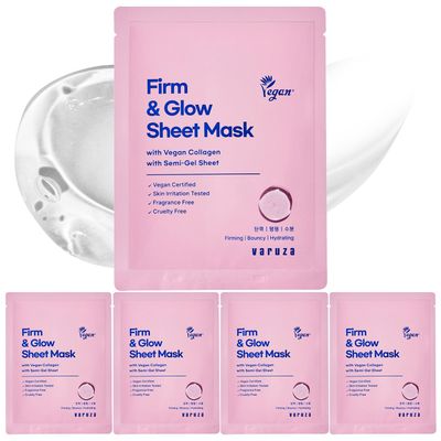 varuza Firm Glow Sheet Mask with Vegan Collagen Semi-Gel Sheet Biodegradable 100 Cellulose for Anti-Aging Hydration Elasticity Peptide Complex-9 Niacinamide 5 Count