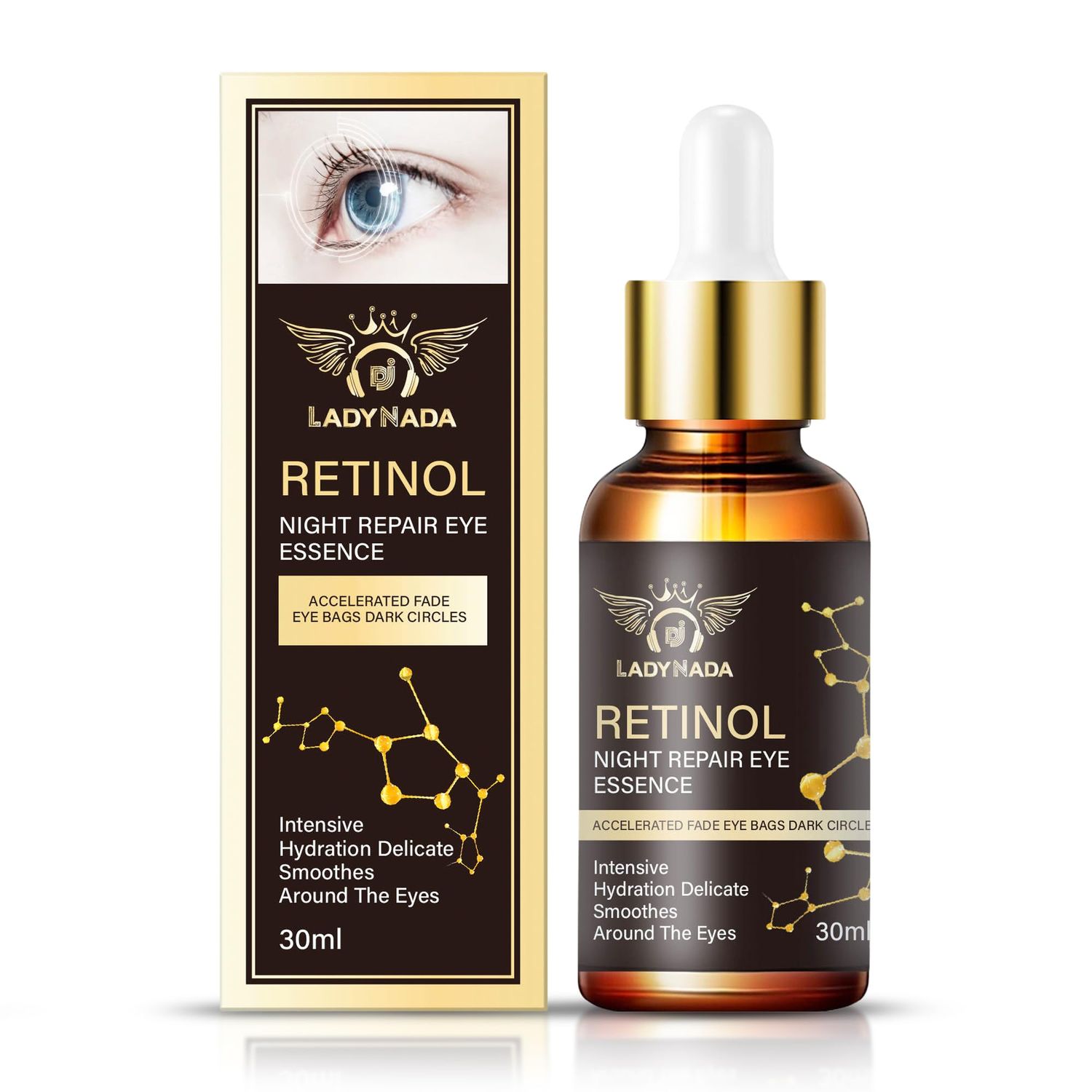 LADY NADA Retinol Eye Serum - Night Repair Hydrating and Anti-Aging Eye Serum with Retinol, Collagen and Natural Extracts - Brightening Eye Serum to Reduce Dark CirclesFine Lines - 1.00 Fl Oz