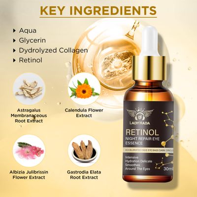 LADY NADA Retinol Eye Serum - Night Repair Hydrating and Anti-Aging Eye Serum with Retinol, Collagen and Natural Extracts - Brightening Eye Serum to Reduce Dark CirclesFine Lines - 1.00 Fl Oz