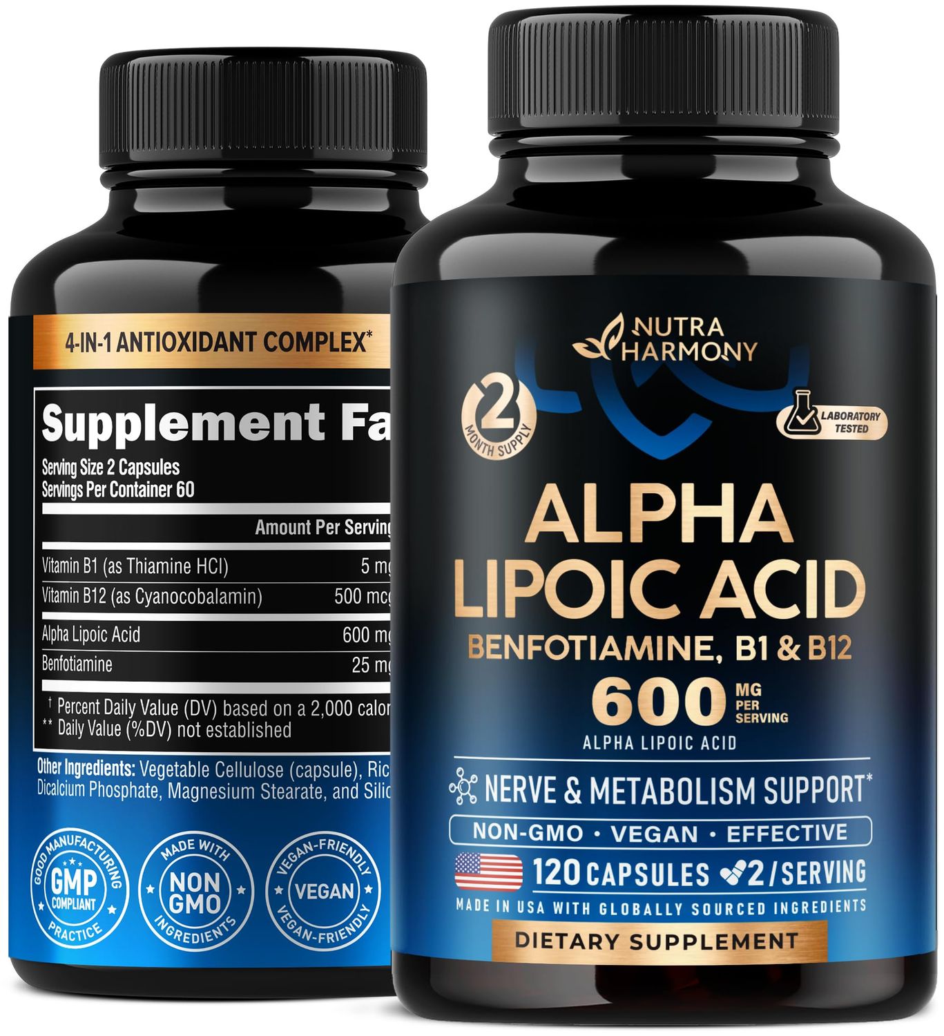 Alpha Lipoic Acid 600mg - ALA Supplement Antioxidant for Nerve, Energy Metabolism Support - Extra Strength with Benfotiamine, Vitamins B1 B12 - Lab Tested, NON-GMO Vegan - 120 Capsules, 2 Month