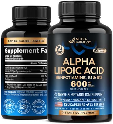 Alpha Lipoic Acid 600mg - ALA Supplement Antioxidant for Nerve, Energy Metabolism Support - Extra Strength with Benfotiamine, Vitamins B1 B12 - Lab Tested, NON-GMO Vegan - 120 Capsules, 2 Month