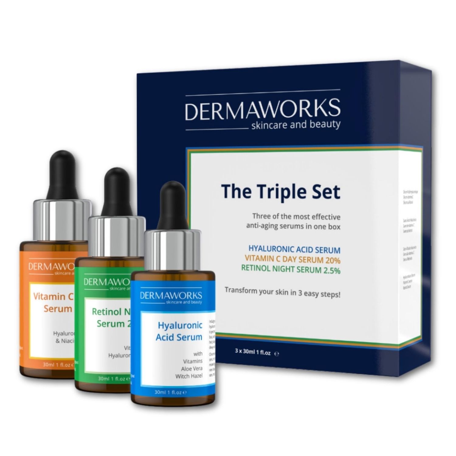DERMAWORKS Facial Serum Set - Brightening Vitamin C, Hydrating Hyaluronic Acid Resurfacing Retinol - Anti-Aging, Dark Spot Corrector Wrinkle Repair Skincare Gift for Men Women